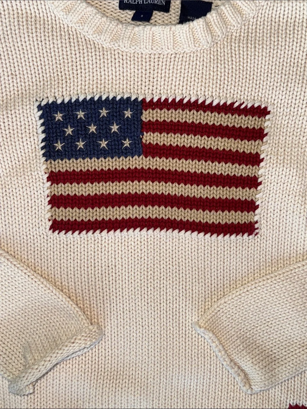 🇺🇸 Ralph Lauren Cream Knit Sweater with Flag Motif girls small